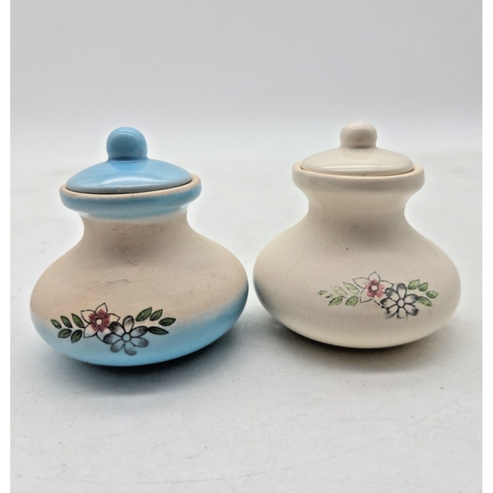 Two Vintage Ceramic Round Bottom Small Jars With Lids Potion Container Herb